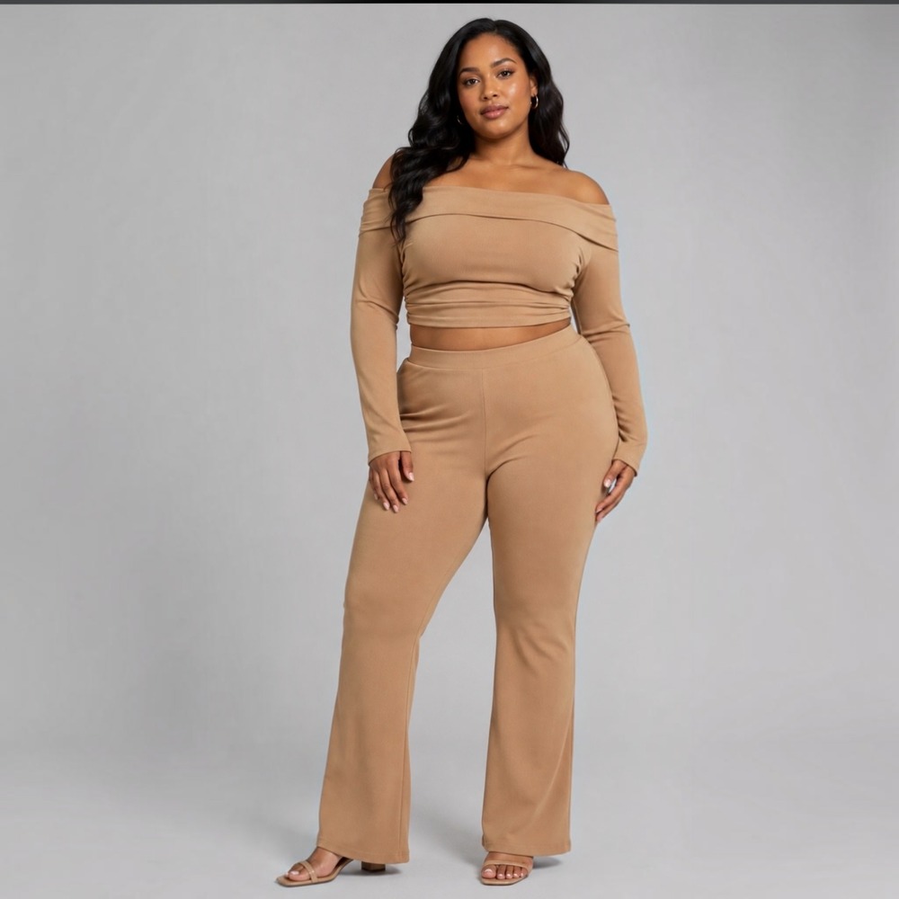 Haute Monde Camel Off Shoulder Top & Wide Leg Pants Set L Two Piece Outfit